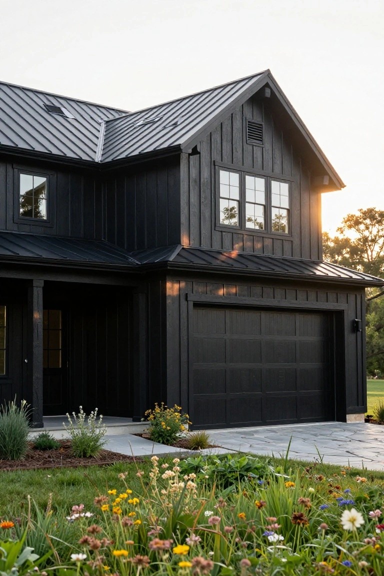 Black wooden board-and-batten house exterior with gabled standing seam metal roof, front porch, attached garage door, and colorful wildflower garden bed in front.