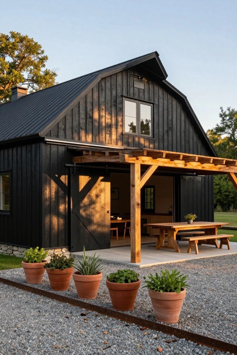 Black board-and-batten wooden barn-style house with gabled metal roof, wooden pergola-covered porch area including dining table and benches, potted plants along gravel edge, trees and grass in background.