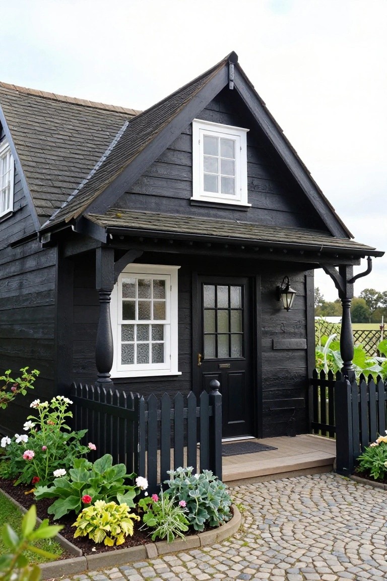 Small black wooden cottage with gabled roof, white-framed windows, black front door, covered porch supported by posts, black picket fence, flower beds, and curved cobblestone path.