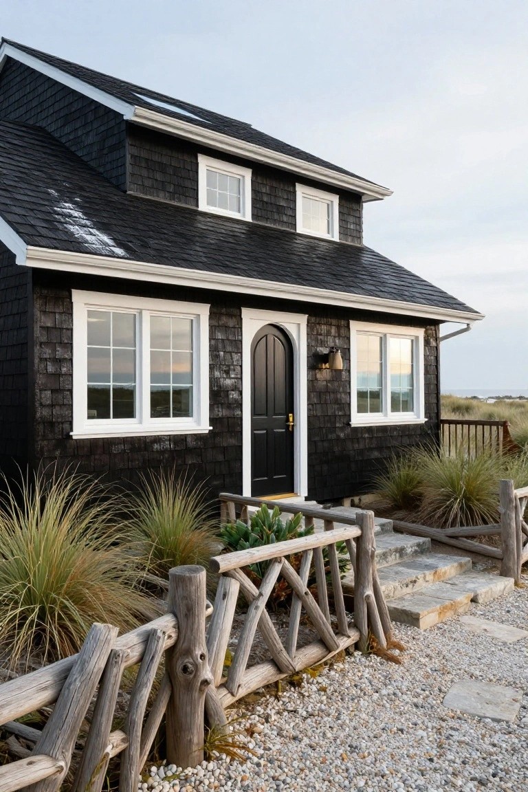 Black shingle house exterior with white-framed windows, arched black front door, wooden fence, dune grasses, and gravel path near beach dunes.