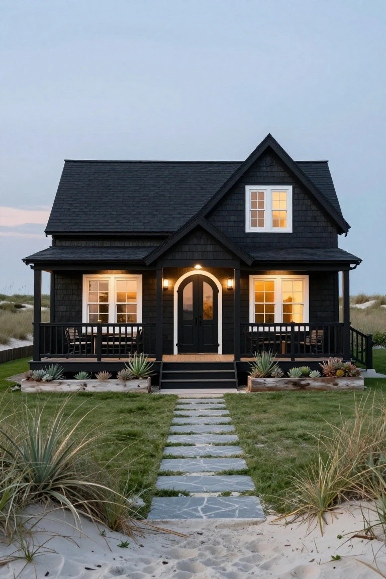 Black shingled gabled house with white-framed windows, arched black entry door, wraparound porch, agave plants in planters, stone pathway through grass to sand dunes at dusk.