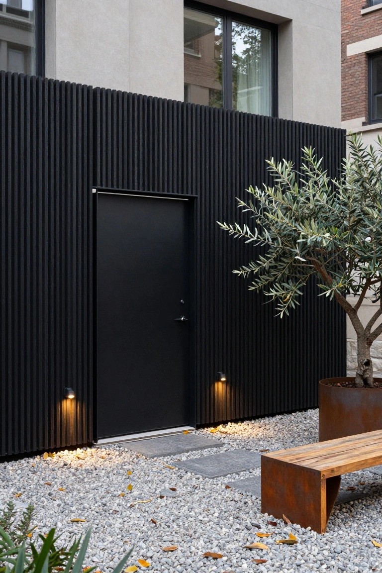 Black slatted wooden fence with a centered black door, flanked by wall lights, in a gravel garden area with an olive tree in a corten planter, wooden bench, and adjacent modern house facade.