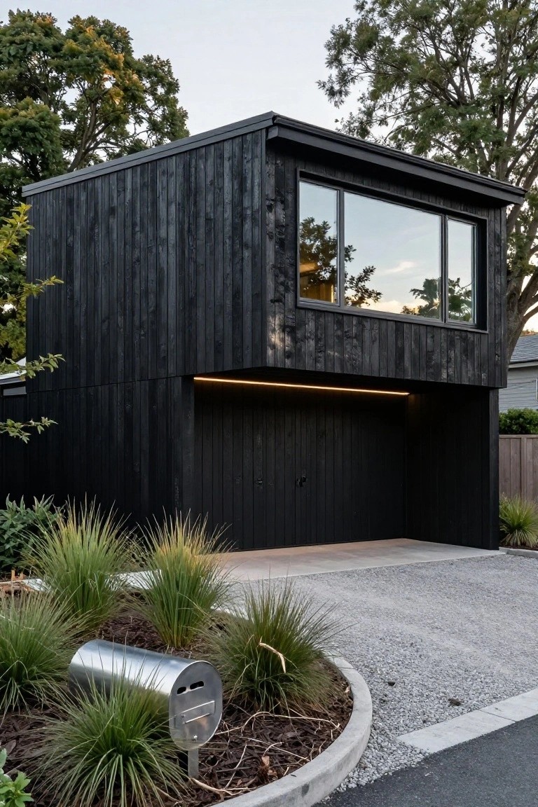 Compact two-story house with black vertical timber cladding, flat roof, large upper window, recessed garage with LED strip light above, gravel driveway, and curved planting bed with grasses and silver mailbox.