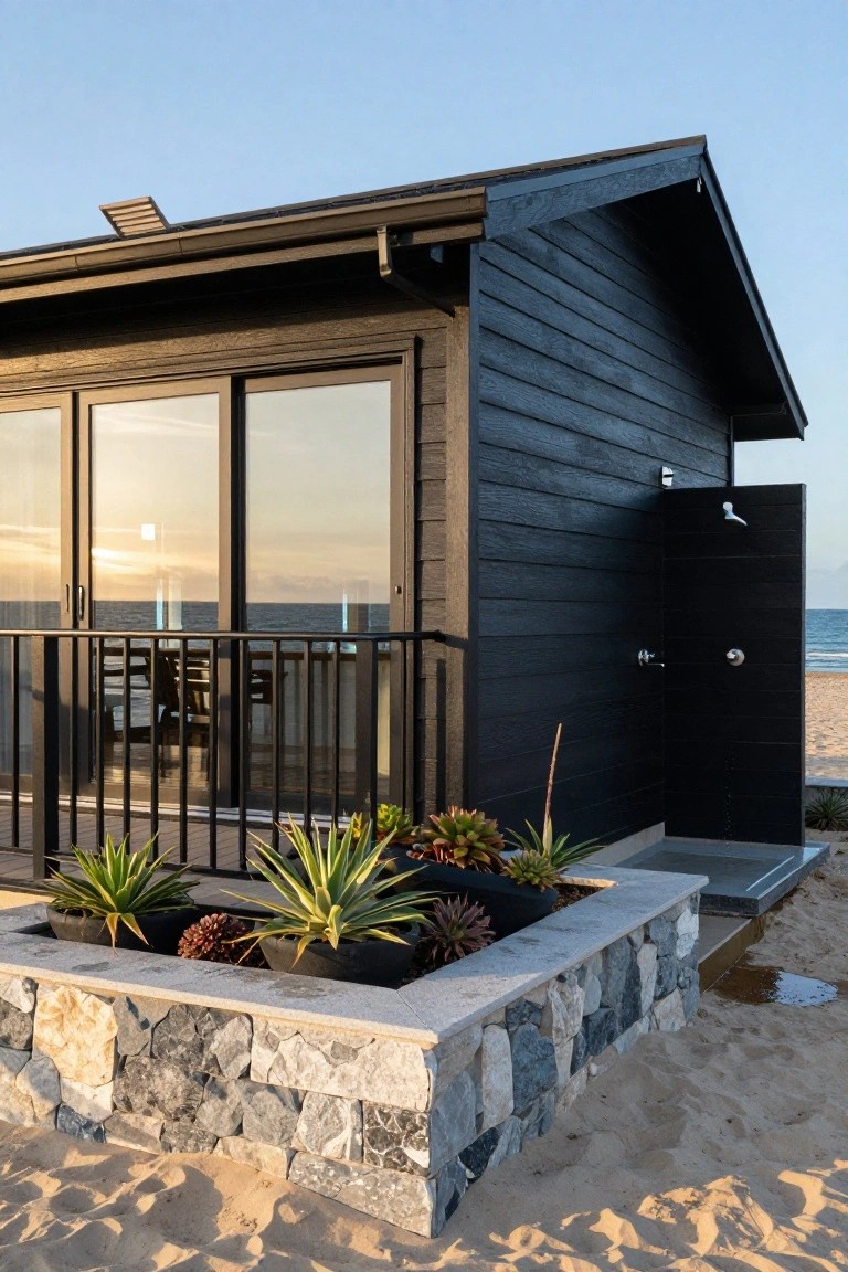 Black wooden beach house exterior with sliding glass doors on a balcony overlooking the ocean, an adjacent outdoor shower, and stone planter boxes filled with agave and succulents on sandy ground.