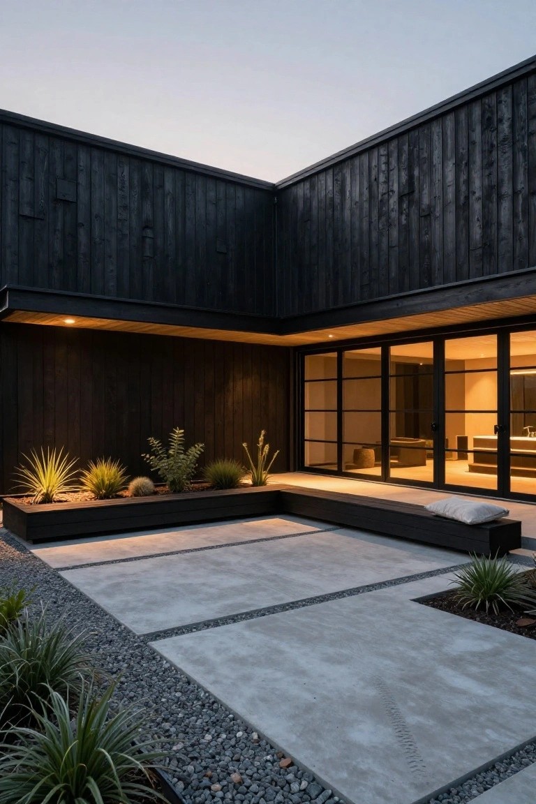 Corner view of a modern house with black wooden vertical cladding, large steel-framed glass sliding doors opening to a concrete terrace with built-in bench, planter boxes of grasses and succulents, and gravel edges.