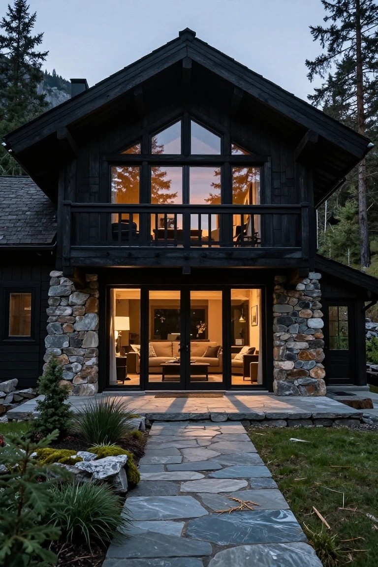 A two-story black wooden house with a fieldstone base, large triangular windows on the upper level, a balcony, glass entry doors, and a stone path surrounded by trees and plants at dusk.