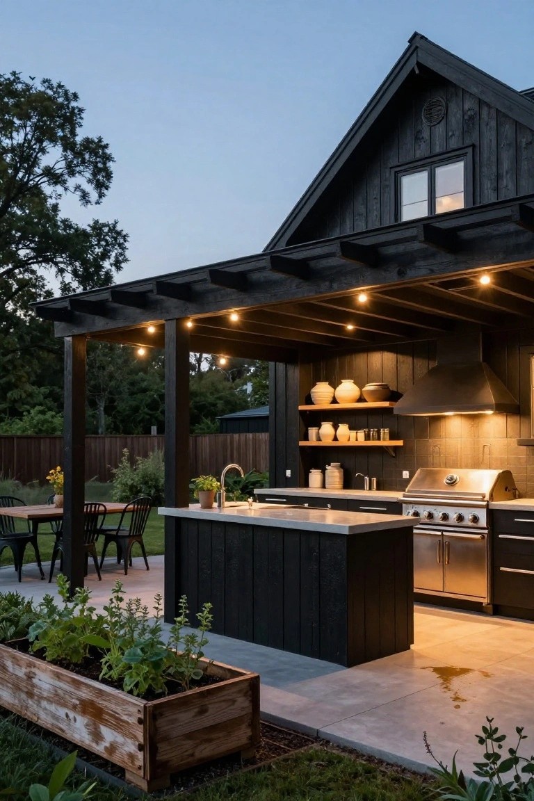 Black wooden outdoor kitchen island with sink, grill, and cabinets under a covered pergola on a concrete patio, with nearby seating and potted plants.