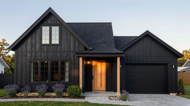Two-story house with black board-and-batten wooden siding, natural wood front door, black-framed windows, stone foundation piers, black garage door, gravel path, lavender plants, and boxwood shrubs in the front yard.