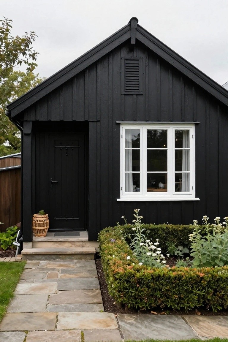 Black wooden house with steep gabled roof, white-framed window and door, wicker basket planter by entrance, stone path, and low garden bed with shrubs and flowers.