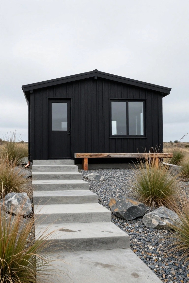 Small black wooden gabled cabin with vertical plank siding, glass door, single window, wooden bench on foundation, concrete steps, gravel ground, rocks, and tall grasses surrounding the front entry.