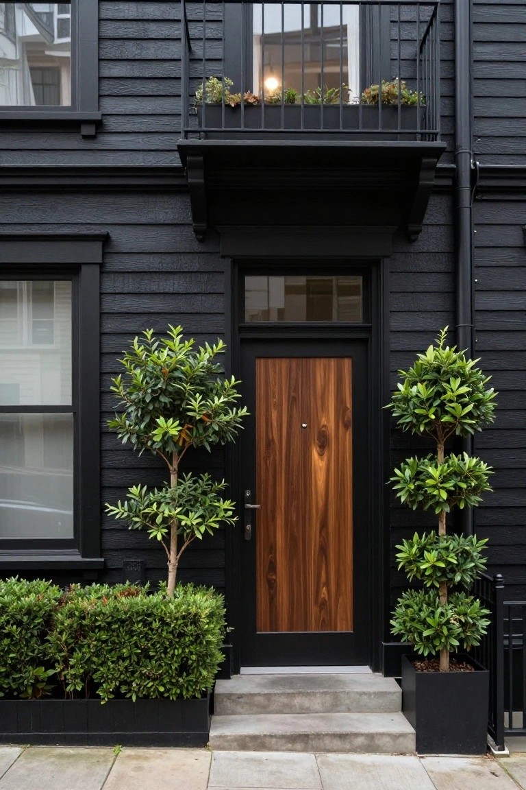 Black wood shingle house exterior with vertical walnut front door, flanked by two potted topiary trees and a low boxwood hedge, concrete steps, and black metal balcony railing above.