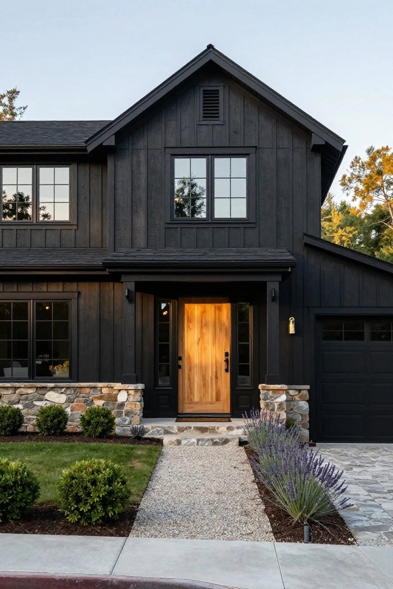 Two-story house with black board-and-batten wooden siding, natural wood front door, black-framed windows, stone foundation piers, black garage door, gravel path, lavender plants, and boxwood shrubs in the front yard.