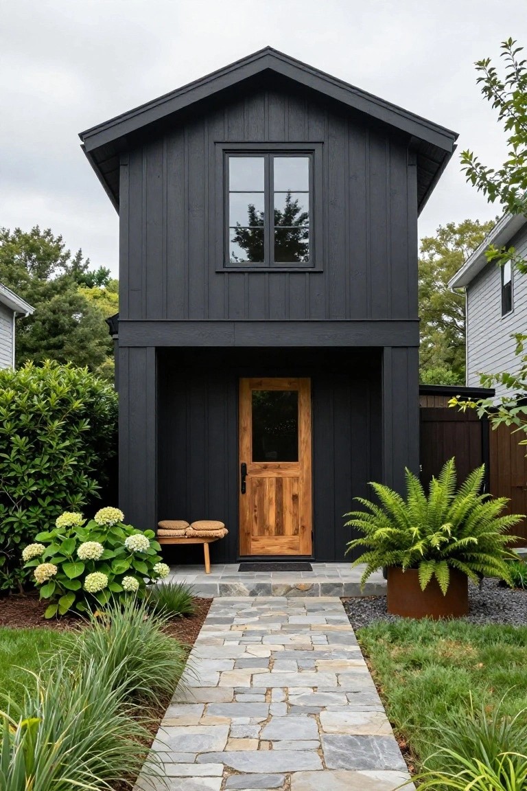 Modern black two-story house with wooden door and stone path.