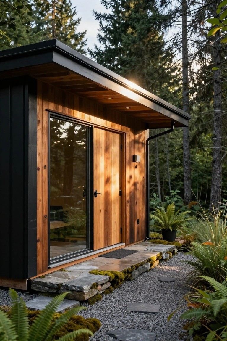 Modern cabin exterior with black siding on one side, cedar wood cladding framing a large glass sliding door, stone steps leading to entry, gravel path, ferns, and surrounding forest trees.