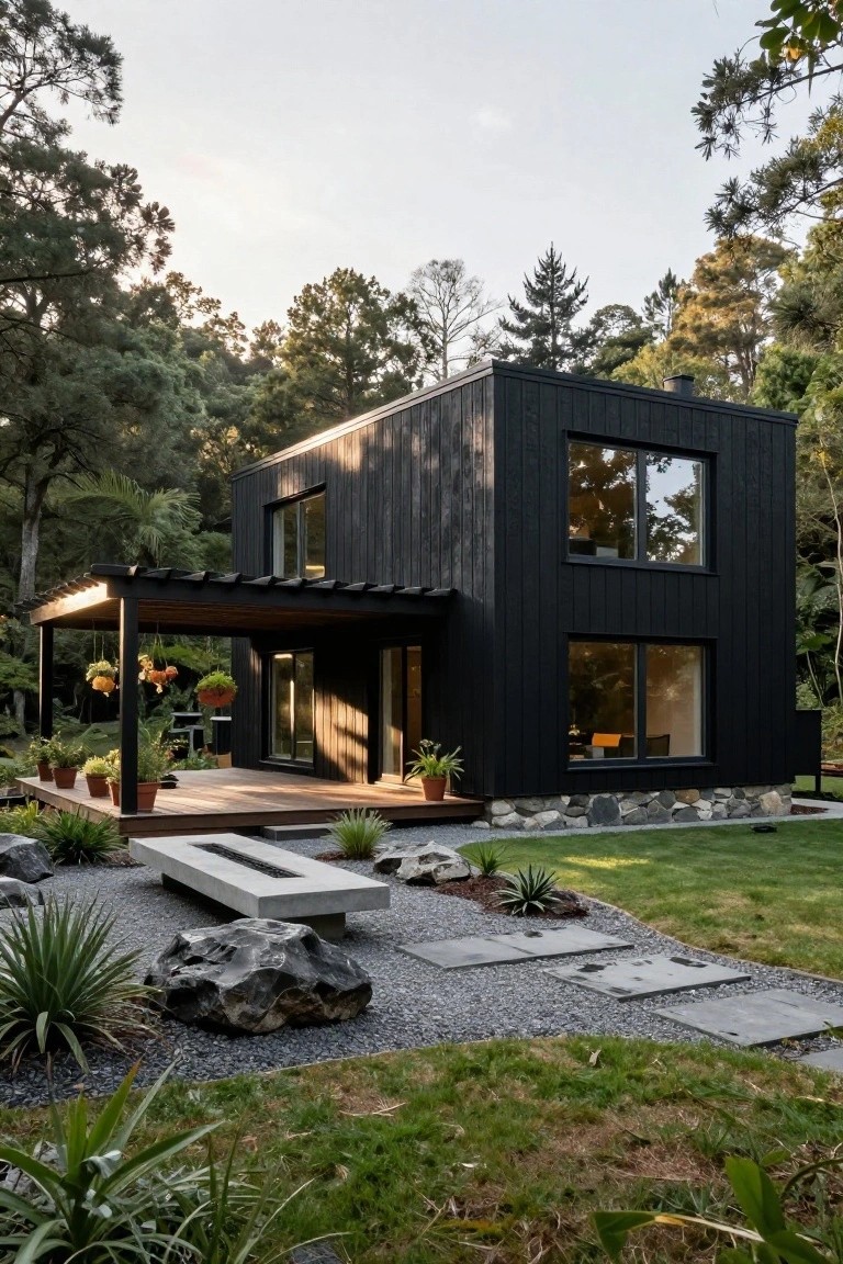 Modern black wood-clad rectangular house with large windows, covered porch, wooden deck, fire pit bench, rocks, gravel, plants, and surrounding trees.