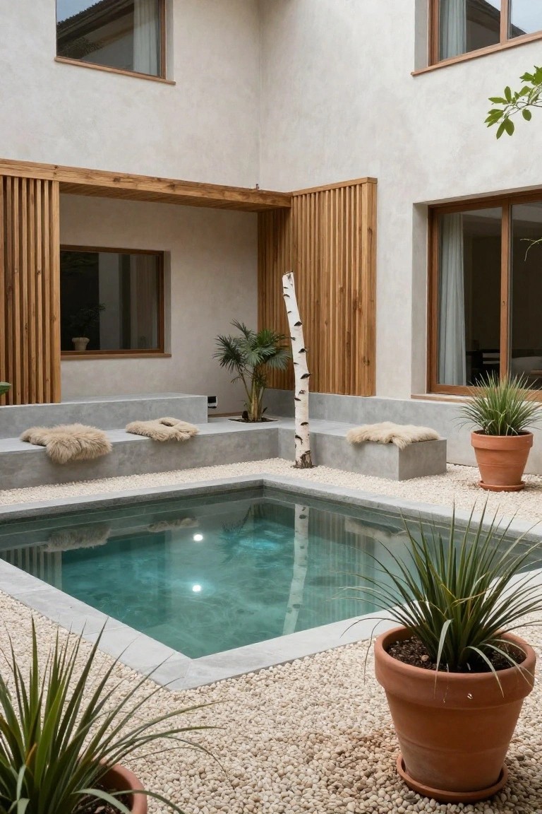 Small turquoise pool in a gravel courtyard with built-in concrete benches topped by sheepskin rugs, potted plants, a birch tree sculpture, wooden slatted screens, and beige stucco walls.