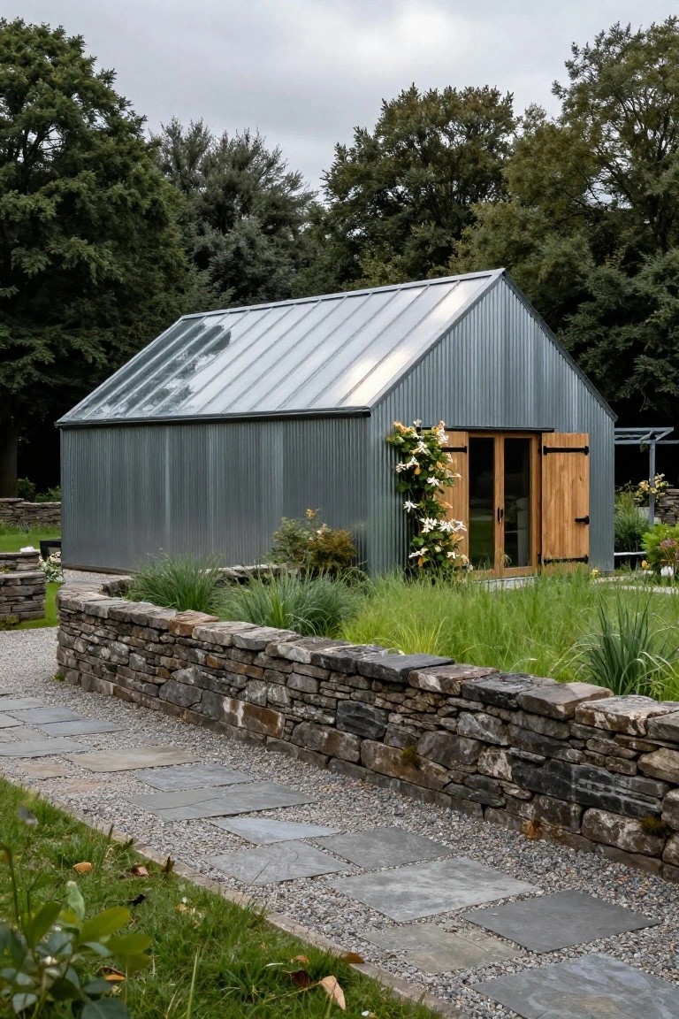 Gray corrugated metal garden shed with translucent glass roof, wooden double doors, climbing white flowers on the side, stone retaining wall, gravel path, and surrounding trees and plants.