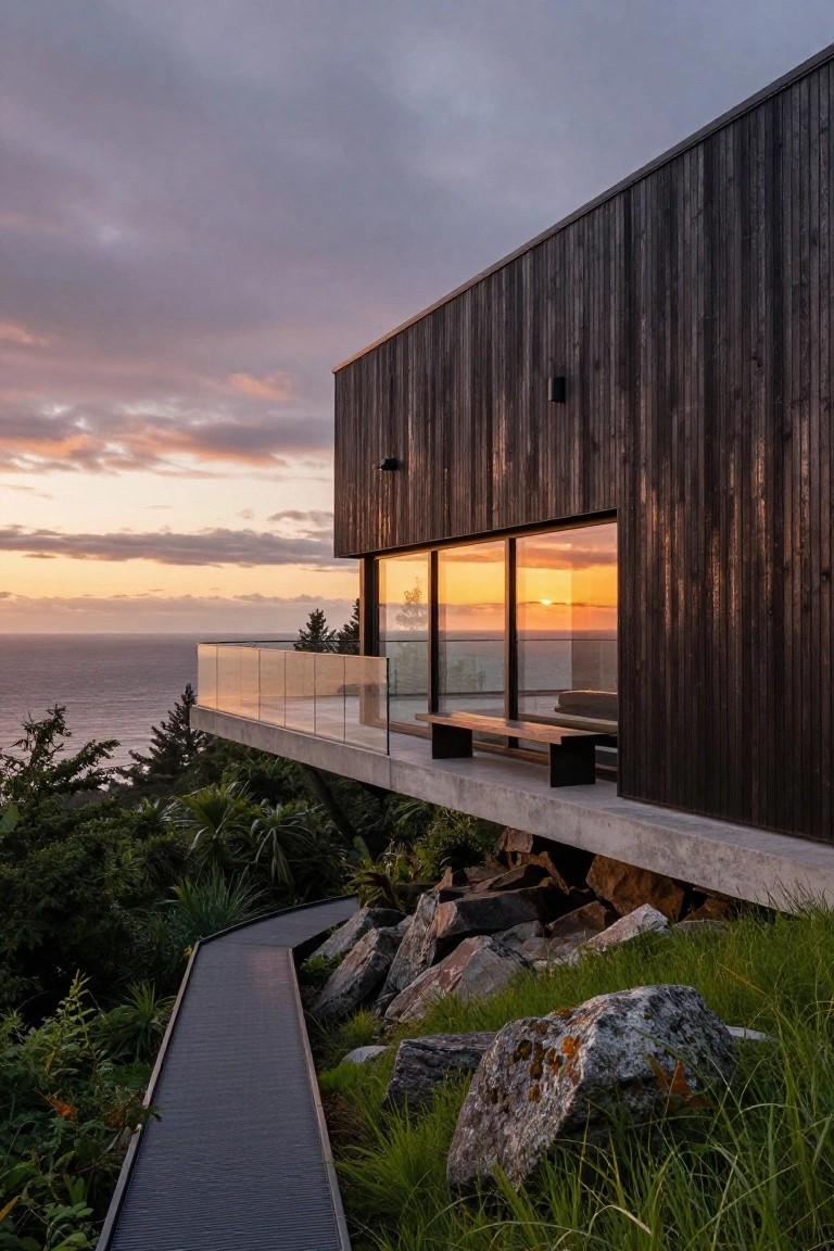 Modern rectangular house with dark vertical wood cladding cantilevered over a rocky ocean cliff at sunset, featuring large glass walls, a bench on the balcony, and a gray walkway path through surrounding greenery and boulders.