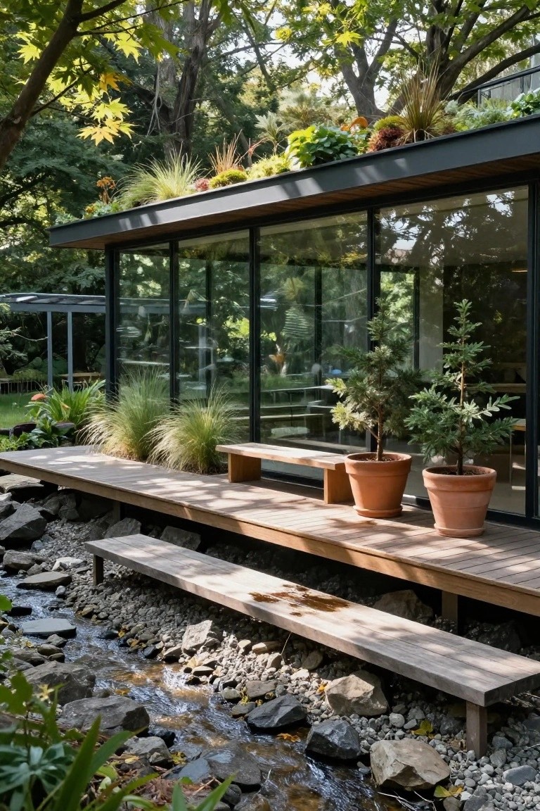 Wooden deck platform with built-in benches extending over a rocky stream bed, next to a glass-walled pavilion surrounded by potted plants, grasses, and trees.