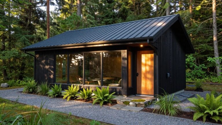 18 Chic Modern Forest House Ideas That Blend Into Nature Perfectly Modern cabin exterior with black siding on one side, cedar wood cladding framing a large glass sliding door, stone steps leading to entry, gravel path, ferns, and surrounding forest trees.