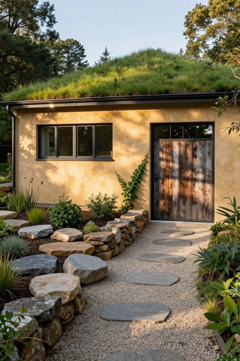 Small modern outbuilding with grassy green roof, yellow stucco exterior, black-framed window, weathered wooden entry door, stone retaining wall, gravel path with stepping stones, and surrounding plants against wooded backdrop.