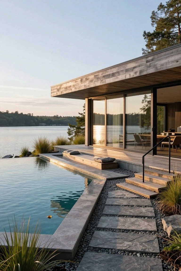 Modern house with cedar wood cladding and large sliding glass doors beside a wooden deck, built-in benches, infinity-edge pool, stone pathway, grasses, and rocks next to a lake with trees in the background.