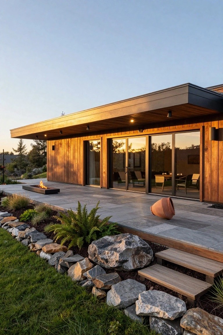 Stone-tiled deck beside a wood-clad modern house with a lit linear fire pit, large terracotta pot, wood steps descending to a rock and plant-bordered lawn, glass sliding doors showing outdoor furniture inside.