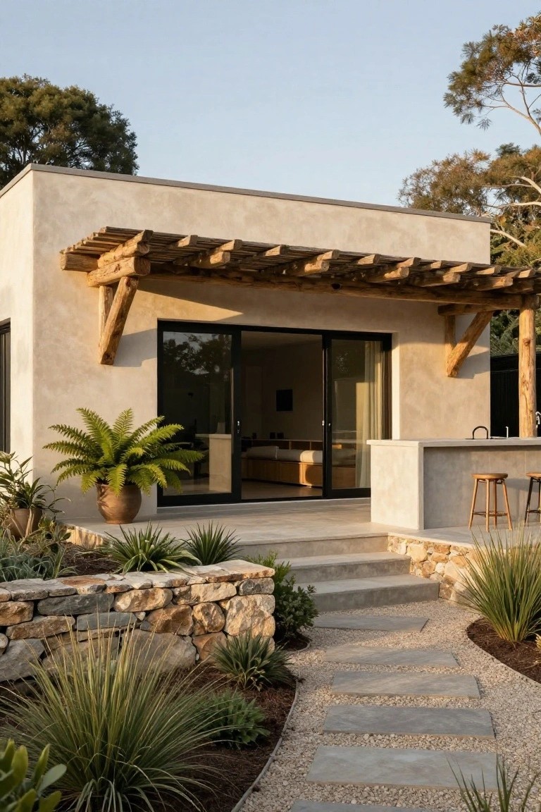 Modern beige stucco house exterior featuring a wooden pergola over black sliding glass doors, an outdoor concrete bar with stools, potted ferns, agave plants, a stone retaining wall, and a pebble path leading to steps.