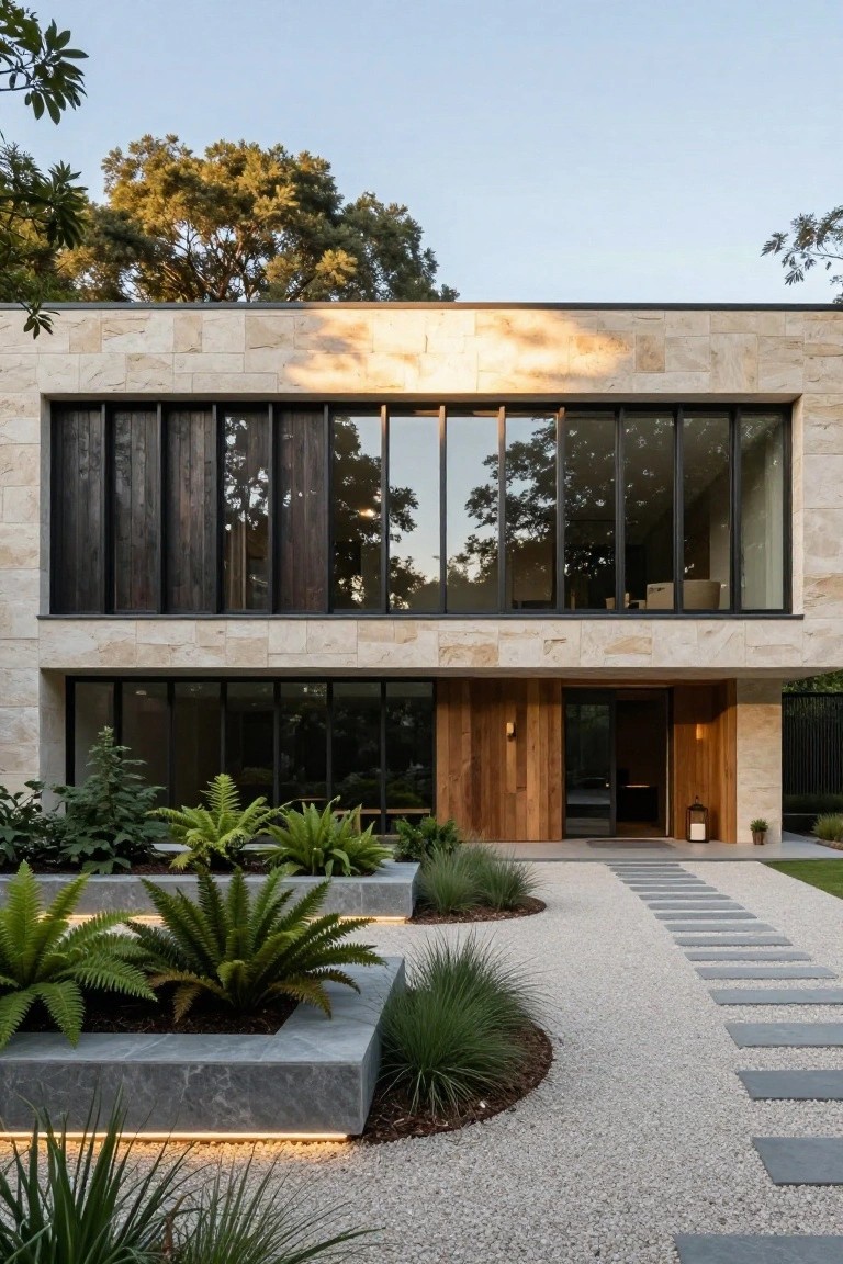 Modern two-story house exterior with beige stone walls, large glass windows with dark timber louvers and frames, wooden entry door, gravel path with stone pavers leading to entrance, surrounded by trees and low planters with ferns and grasses.