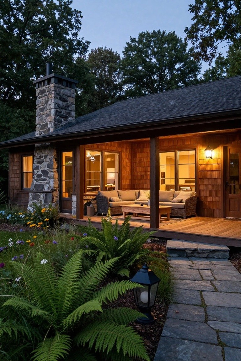 A cabin exterior at dusk with a tall fieldstone chimney, cedar shingle siding, open porch with wicker furniture visible through glass walls, garden plants and stone path in front, trees surrounding.