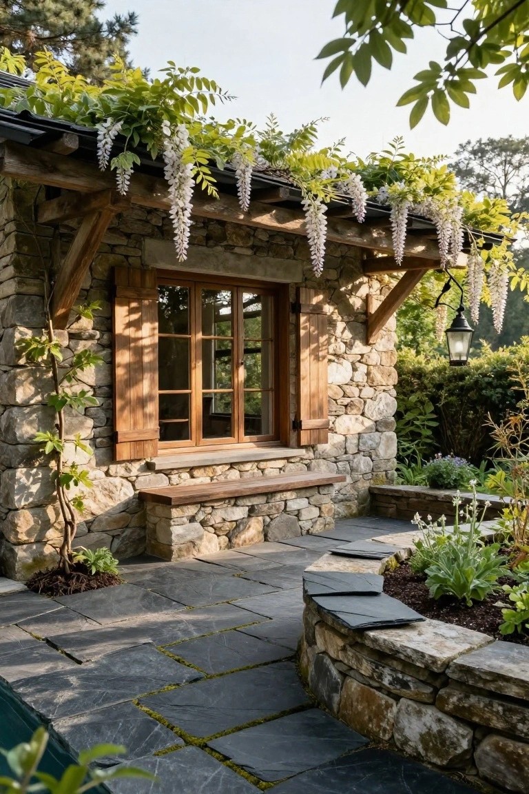Stone cottage exterior with timber roof brackets, wooden window and shutters, cascading white wisteria vines over the roof and walls, a wooden bench seat, hanging lantern, slate tile patio, and surrounding garden plants.