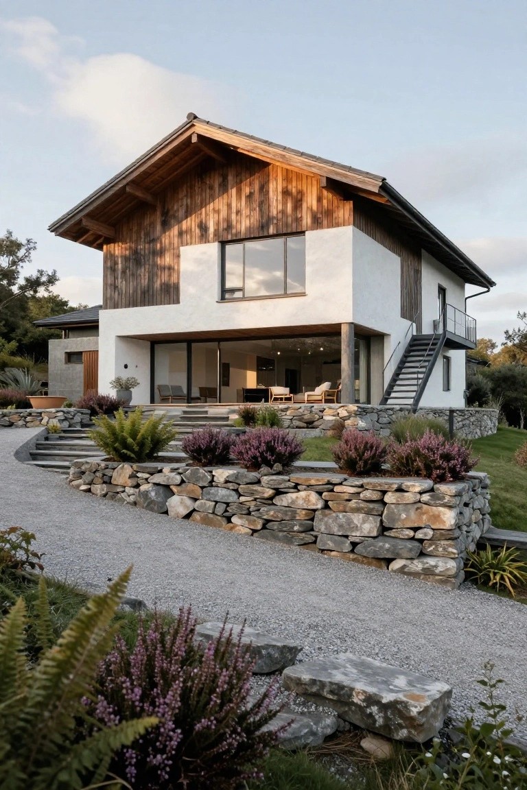 Two-story modern house with dark wood shingle upper facade and gabled roof, white stucco lower section with large glass windows and metal stairs, built into a rocky slope with dry stone retaining walls, gravel driveway, heather plants, ferns, and surrounding trees at sunset.