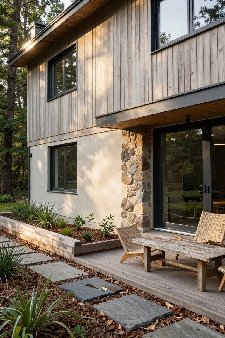 Side exterior of a two-story modern house featuring light vertical wood cladding, a stone pillar next to large black-framed sliding glass doors, a wooden deck with rattan chairs and a table, surrounded by pine trees, plants in raised beds, stone pavers, and mulch.