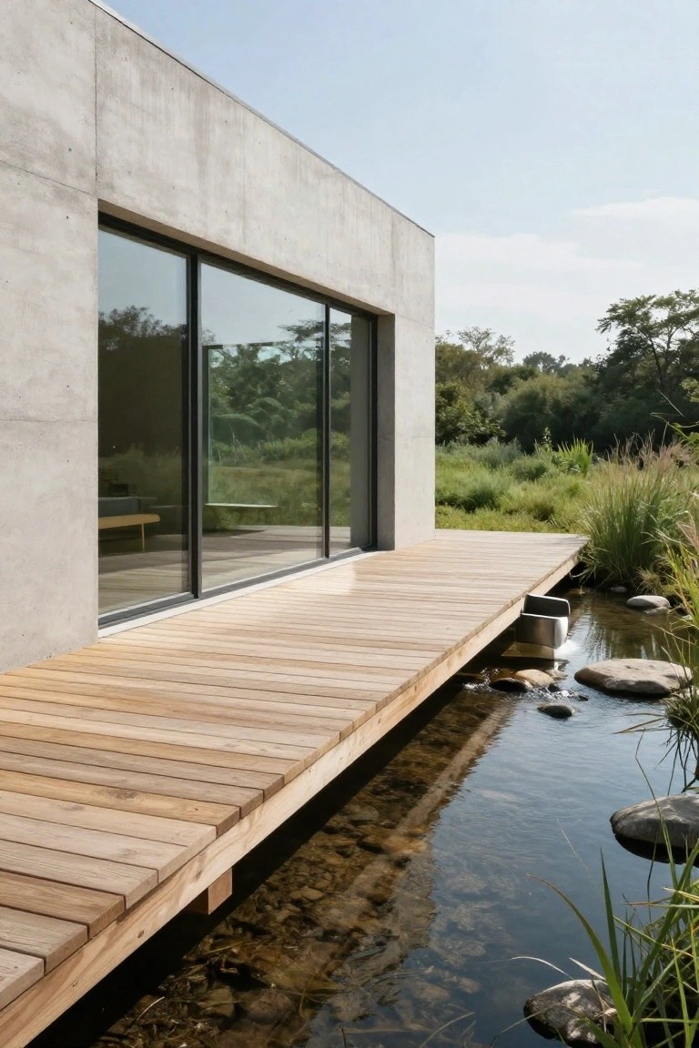 Side view of a modern concrete house with large glass sliding doors and a protruding wooden deck extending over a narrow water channel with rocks and reeds.