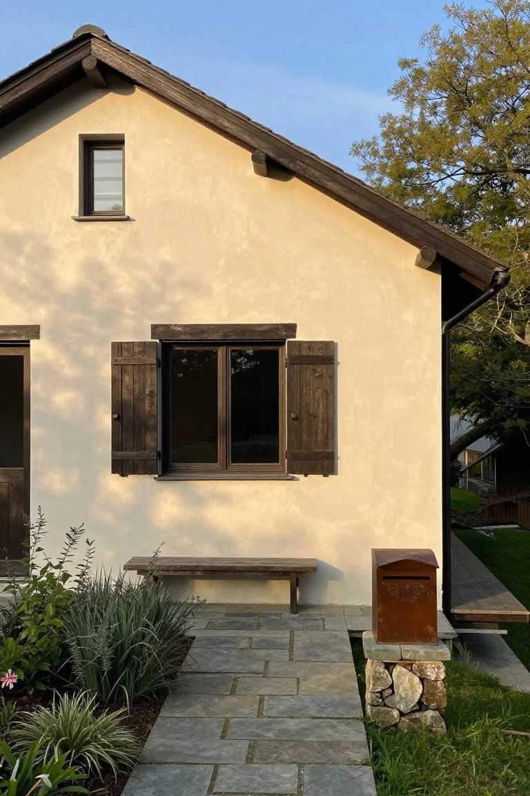Side view of a beige plaster house with dark wooden shutters on two windows, wooden bench, stone pathway edged by grasses and plants, rusted metal mailbox on stone base, and wooden roof overhang amid trees and greenery.