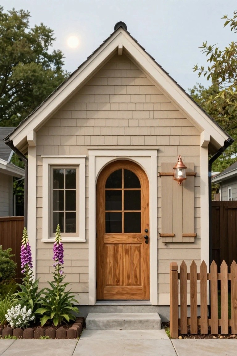 Beige shingled cottage exterior with arched wooden front door featuring nine glass panes, adjacent six-pane window, copper lantern light, purple foxglove plants, white flowers in brick-edged bed, wooden picket fence, and trees under a full moon.