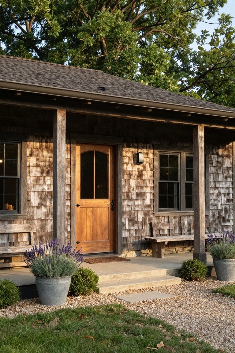 Small wood-shingled cottage exterior with covered porch supported by posts, arched wooden front door, black-framed windows, potted lavender plants flanking concrete steps, gravel path, boxwoods, and grass under oak trees.