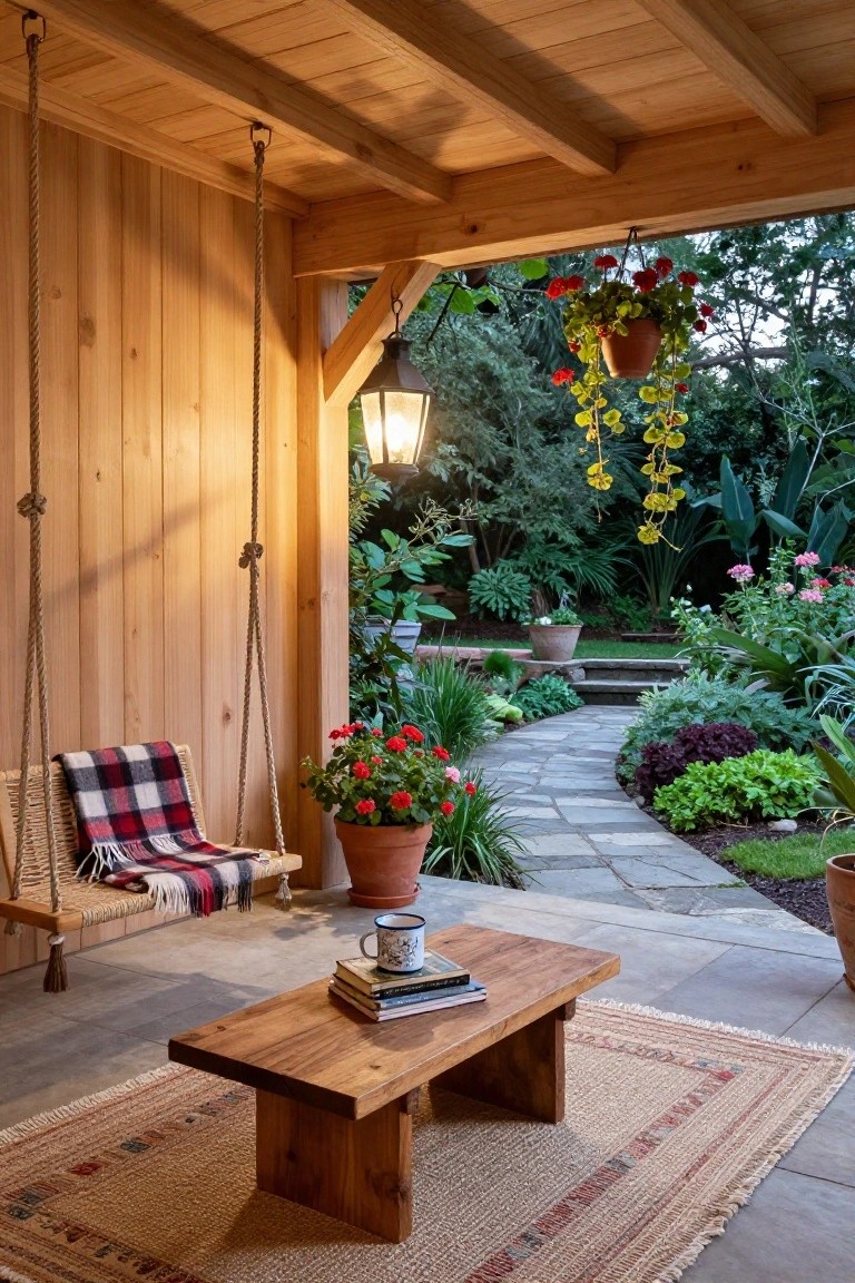 Rope-suspended wooden porch swing with plaid blanket on a covered timber porch, low wooden coffee table holding mug and stacked books, potted plants, and stone path leading to backyard garden.