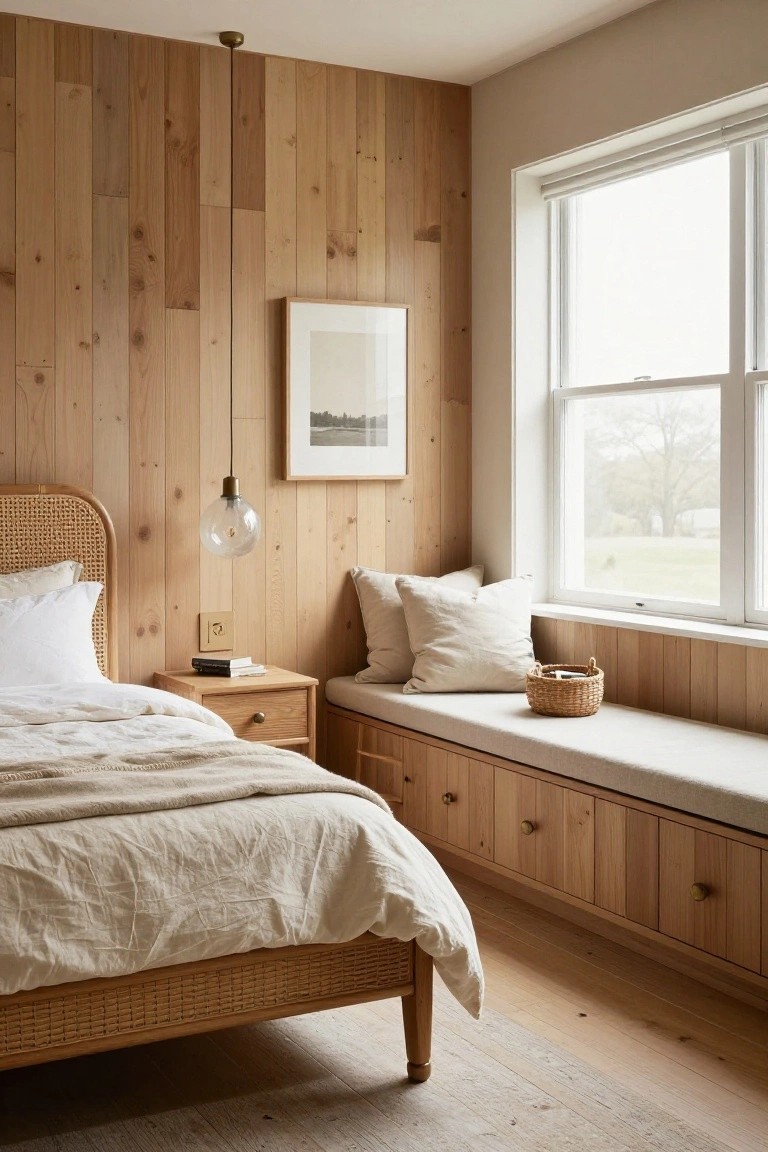 Bedroom interior featuring vertical light wood paneling on walls, rattan bed with white linens, wooden nightstand, and built-in wood bench seat with cushions and drawers under a large window.