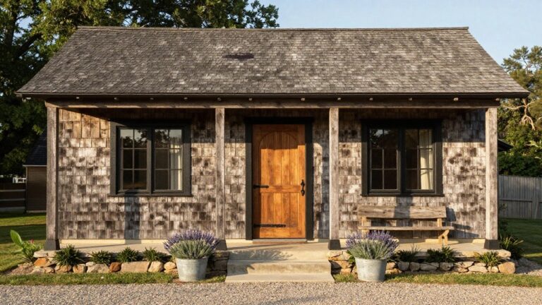 18 Cozy Rustic Wood Architecture Ideas That Feel Warm and Timeless Small wood-shingled cottage exterior with covered porch supported by posts, arched wooden front door, black-framed windows, potted lavender plants flanking concrete steps, gravel path, boxwoods, and grass under oak trees.
