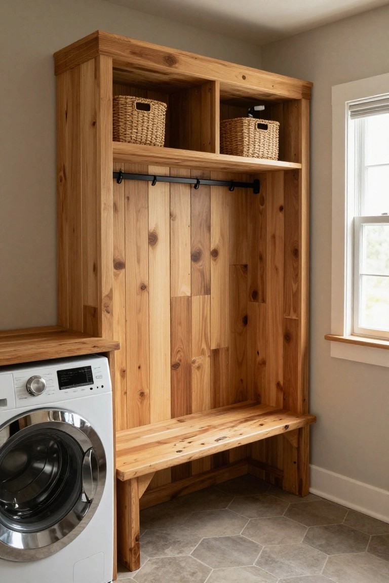 Tall cedar wood cabinet unit in a laundry room featuring open top shelves with woven baskets, middle hanging hooks, vertical plank walls, and bottom bench seat next to a white front-loading washer on hexagonal gray tile floor.