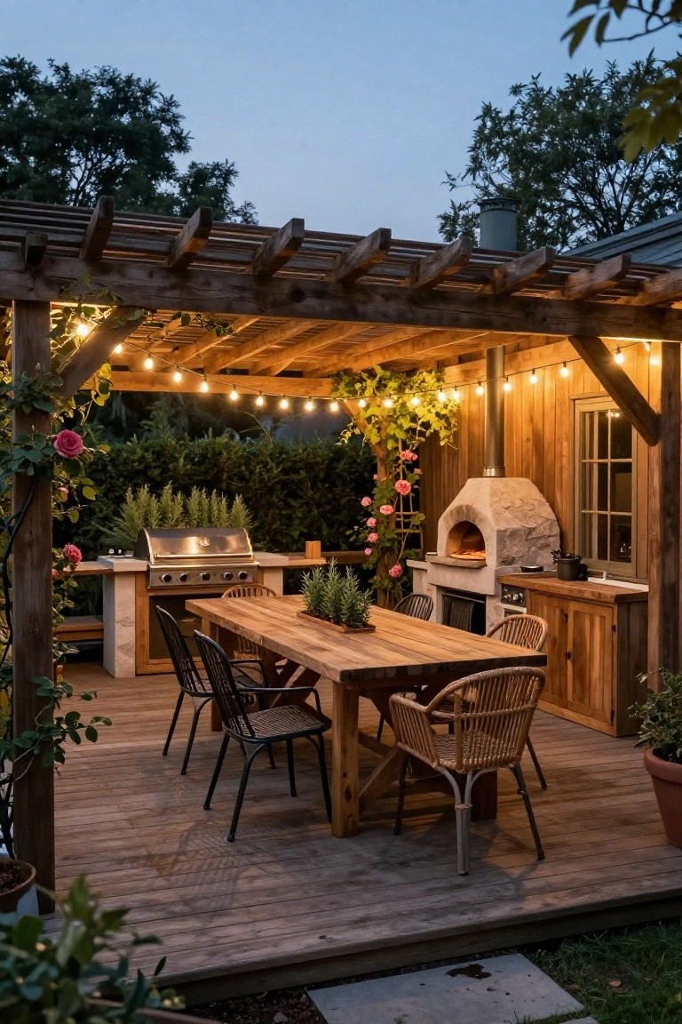 Wooden pergola-covered outdoor deck featuring a gas grill, stone pizza oven, wooden dining table with mixed chairs, string lights, potted plants, and climbing roses at twilight.