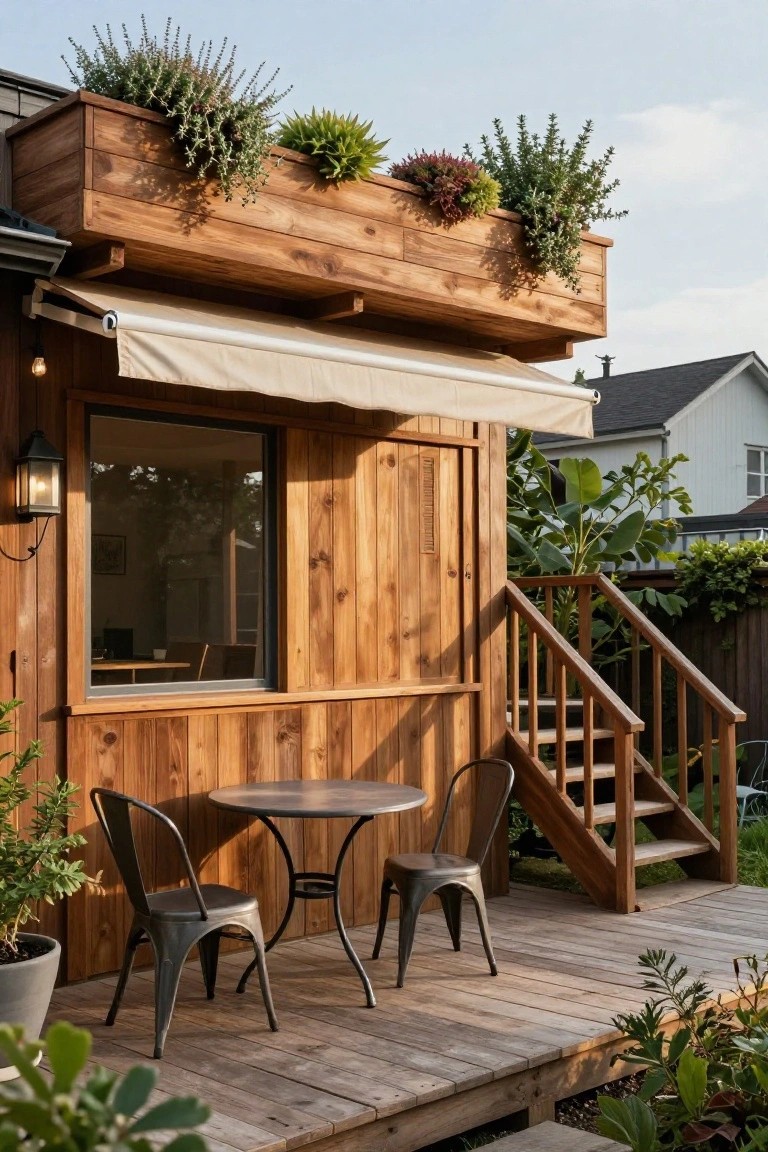 Wooden cabin exterior with planter boxes on the roof edge, beige awning over a window, lantern light, adjacent elevated wooden deck with stairs, round metal table and two metal chairs, potted plants and greenery nearby.