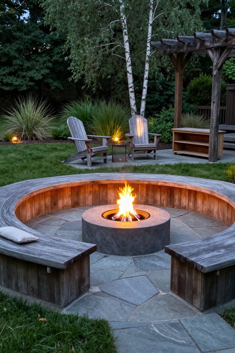 Curved wooden bench encircling a round concrete gas fire pit on a stone patio in a backyard, flanked by Adirondack chairs, with surrounding grass, trees, and landscaping.