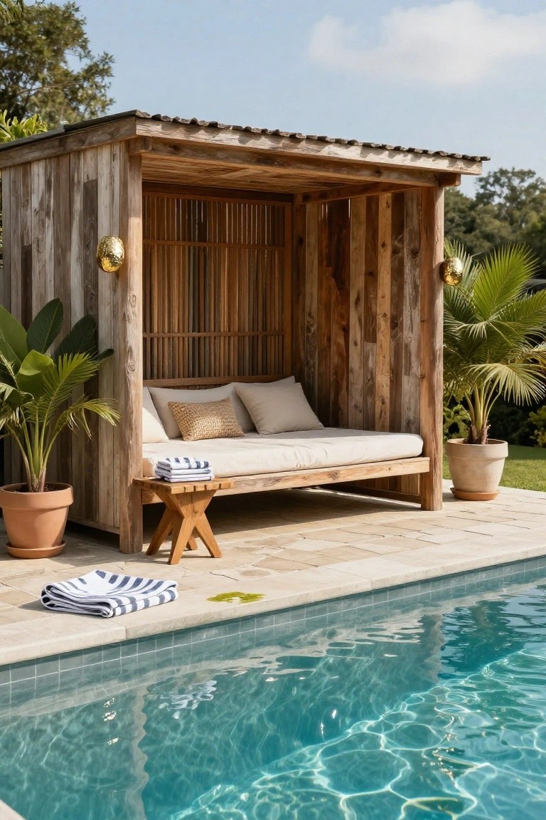 Rustic open-sided wooden cabana with cushioned daybed and pillows beside a swimming pool, flanked by potted palm plants on a stone patio with towels nearby.