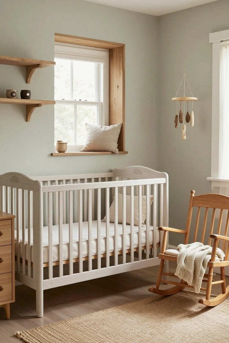 A nursery room with light sage green walls, white wooden crib with mattress and pillows, wooden rocking chair with white knit blanket, floating oak shelves with pottery, and a hanging mobile near a window.