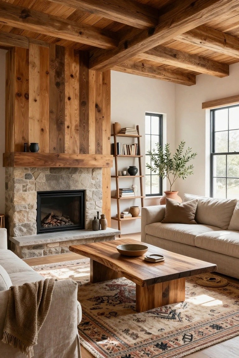 Living room interior with dark exposed wooden beams on the ceiling, vertical wood planks on one wall behind a stone fireplace, cream-colored sofa, live-edge wood coffee table, and patterned rug on wood floors.