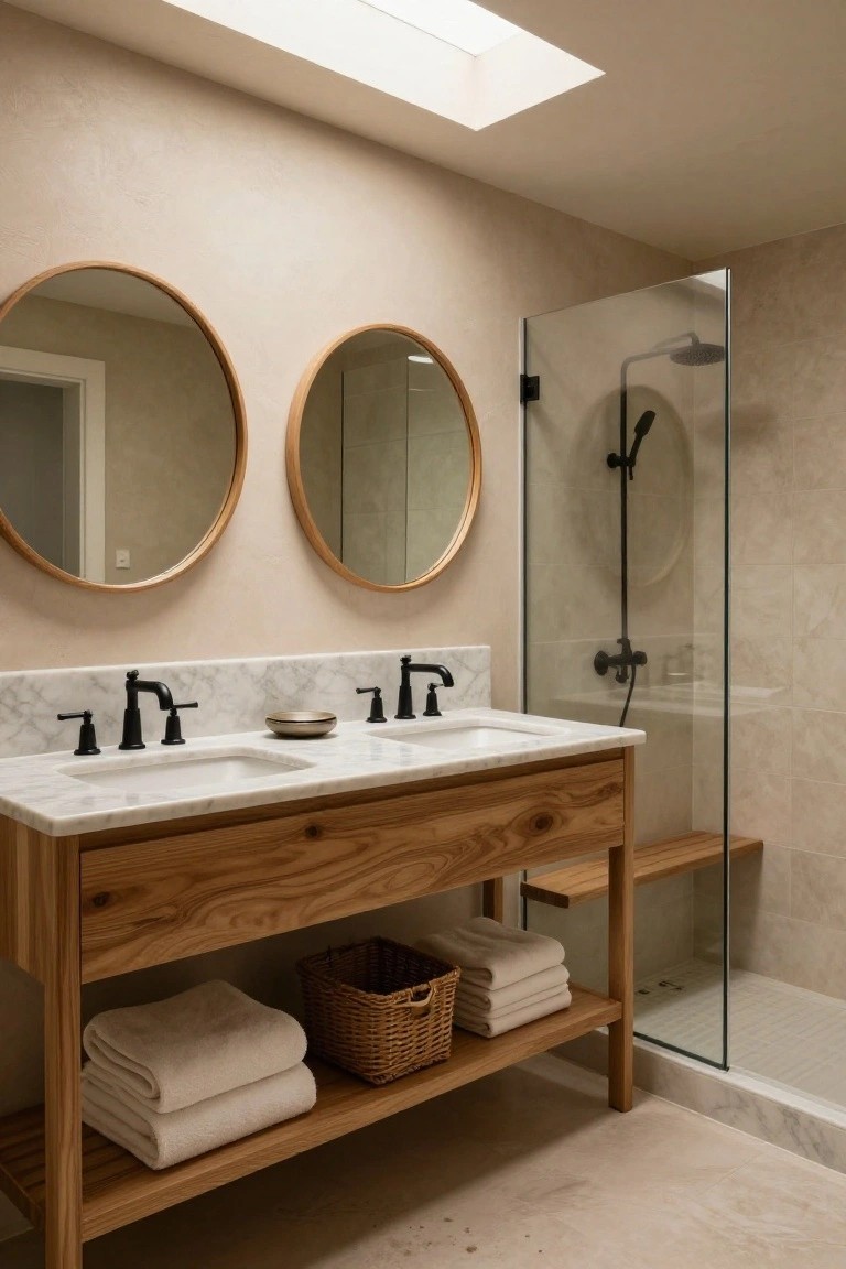 A bathroom with a rustic wooden double vanity topped by white marble sinks, flanked by two round wooden mirrors, open shelving with folded towels and a wicker basket, and a glass-enclosed walk-in shower.