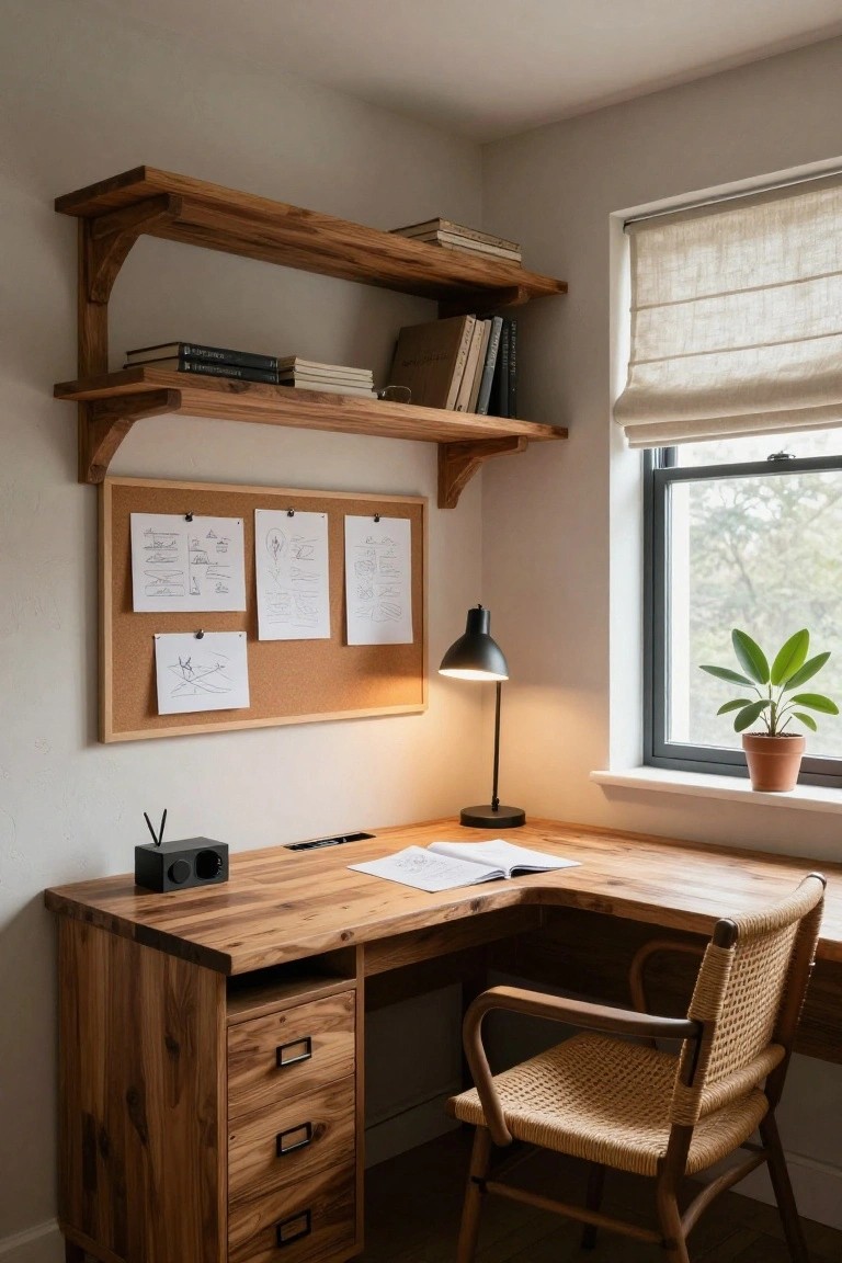 Corner of a room with wooden L-shaped desk, drawers below, wooden shelves above holding books, corkboard with sketches on wall, black desk lamp, open notebook on desk, rattan chair, window with linen shade and potted plant.