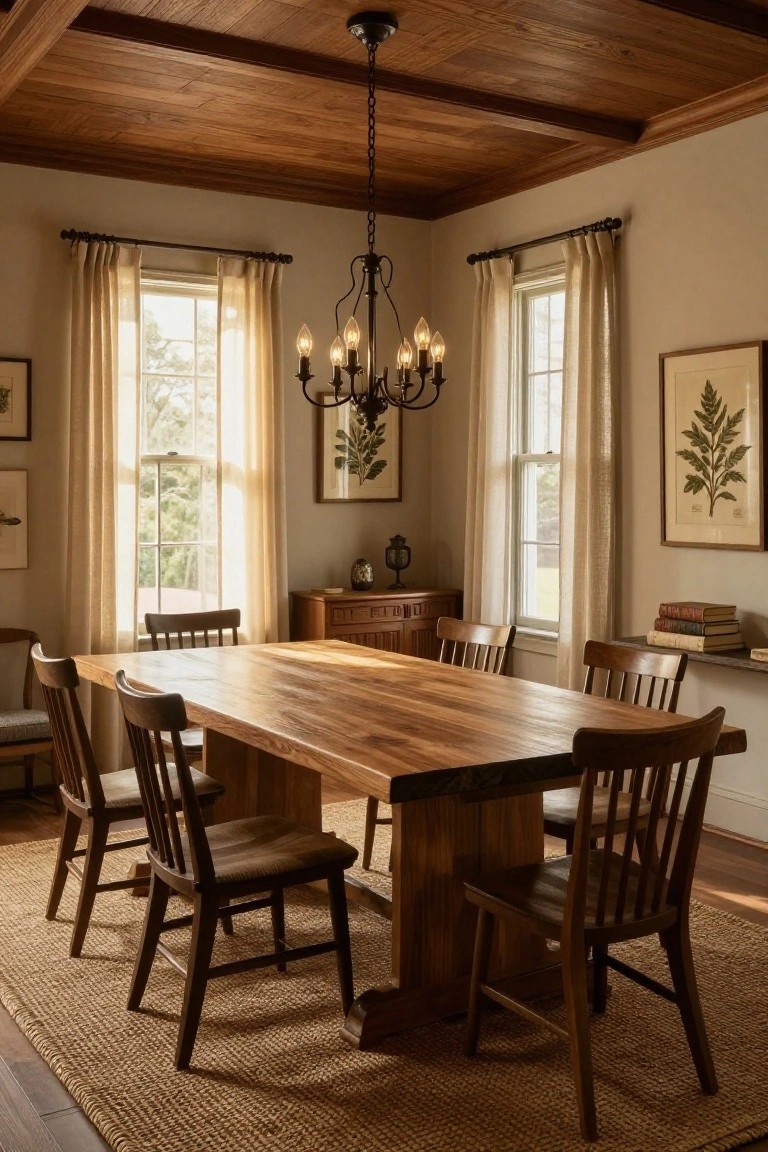 A dining room interior with a large rectangular live-edge wooden table and six wooden chairs, centered under a black iron chandelier hanging from a wooden beamed ceiling, adjacent to two windows with sheer curtains and a wooden sideboard.